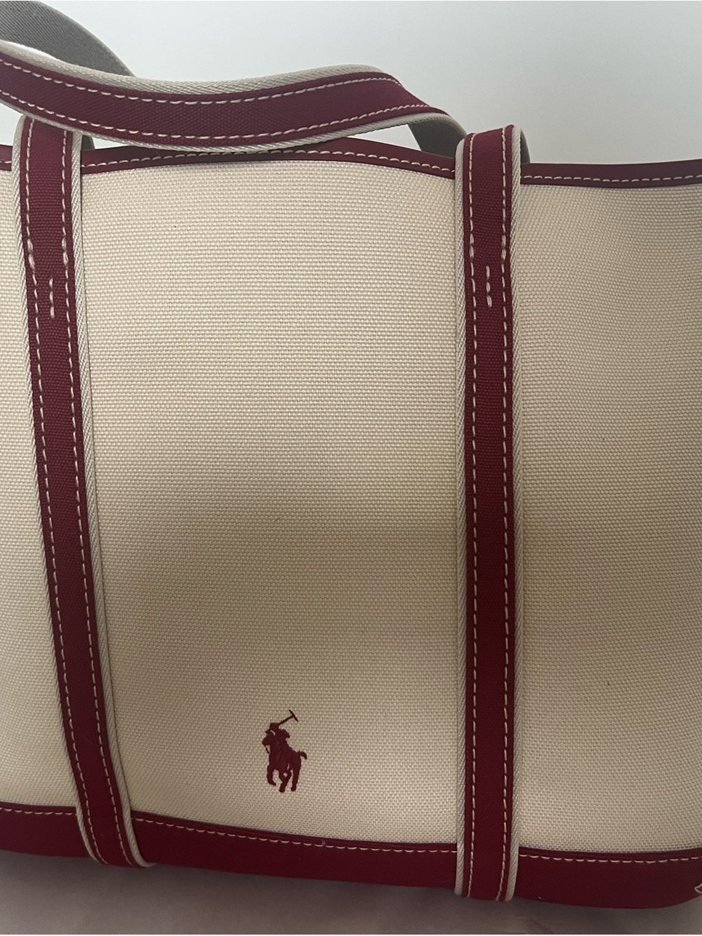 Polo Ralph Lauren Canvas Tote Bag with Polo Bear Patch – Cream & Burgundy (NWT) - Picture 2 of 6